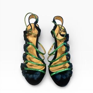 Alexander Birman Navy Velvet Heeled Sandals with Metallic Green Straps Size 8.5